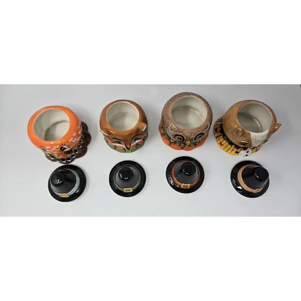 Johanna Parker Critter Bowl Pilgrim Hat Lid Transpac Thanksgiving Fall Jar Set/4
